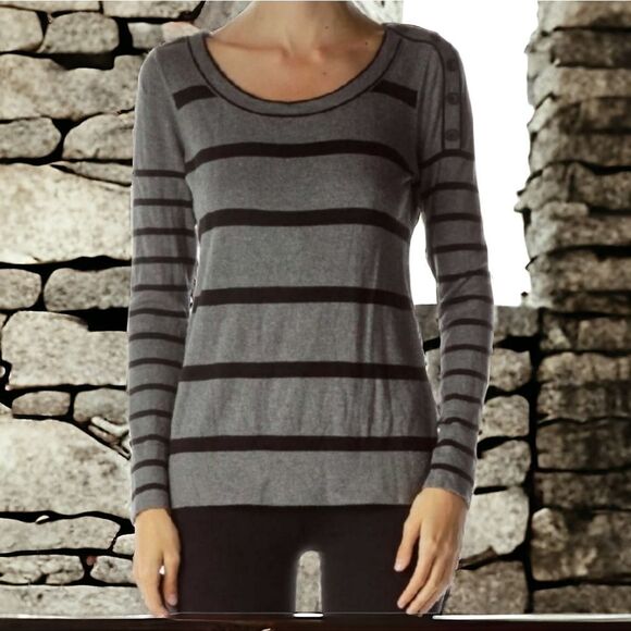 LOFT Gray & Black Striped Crew Neck Sweater Pullover Lightweight Knit Small - Picture 2 of 9